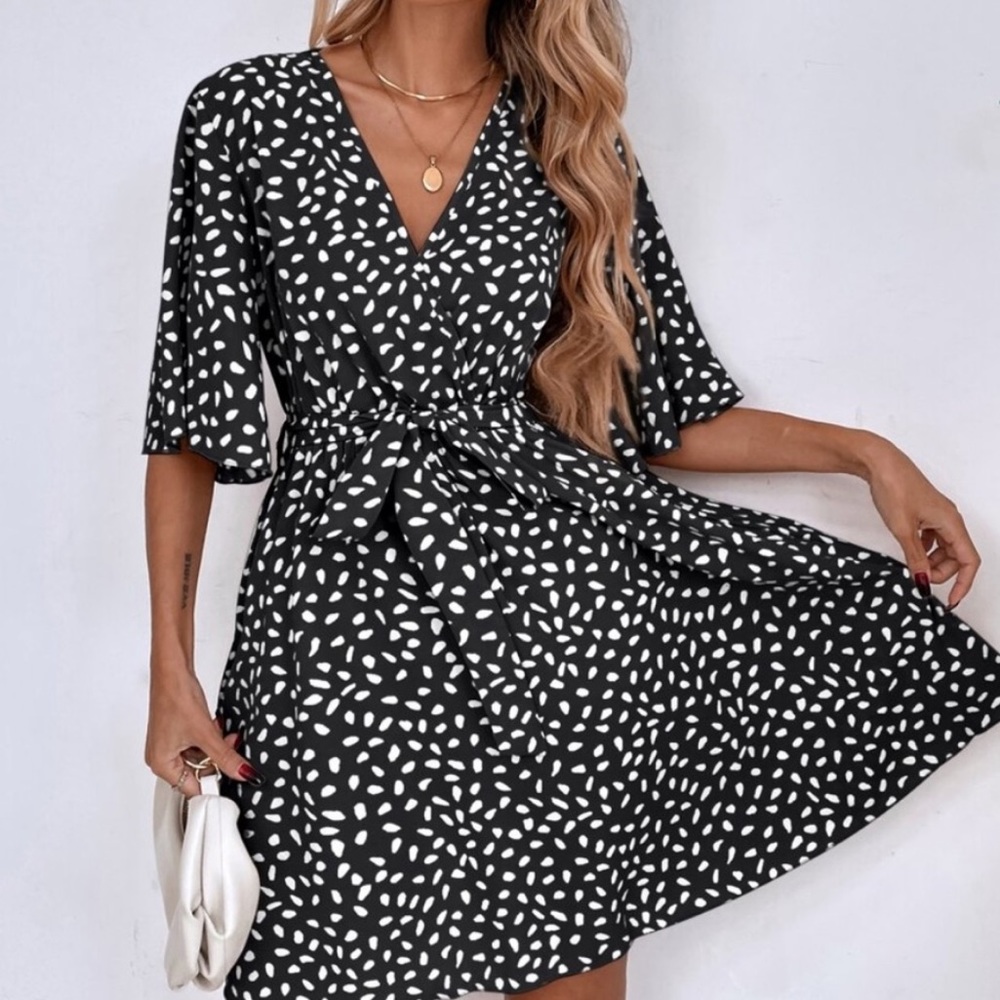 Boho dot print flounce  sleeve belted dress - Picture 9 of 11